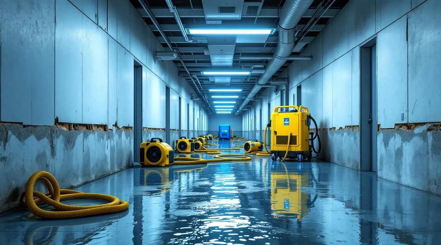 Certified restoration professionals performing industrial water extraction and structural drying in an Irvine commercial facility to ensure rapid recovery and business continuity.