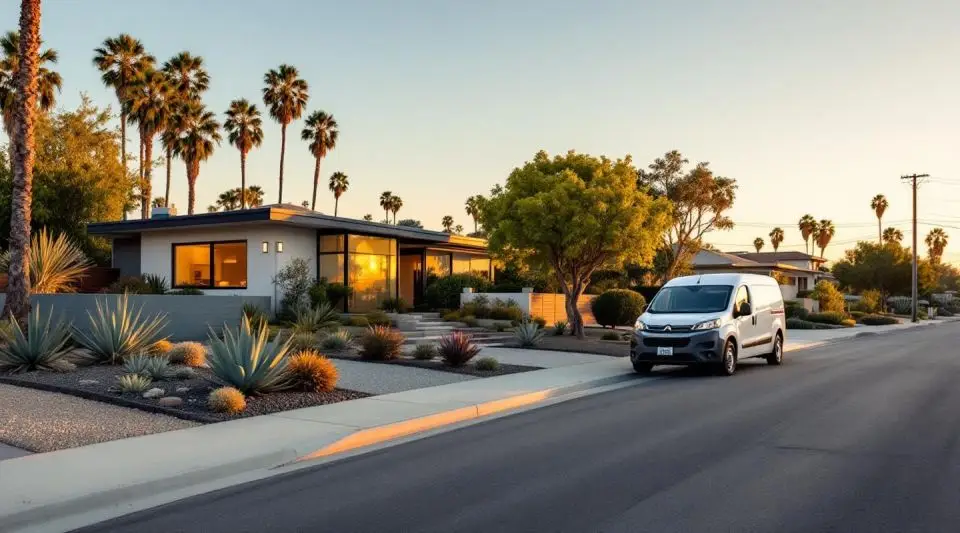 A professional restoration truck parked on a sun-drenched Costa Mesa street with modern suburban homes in the background.