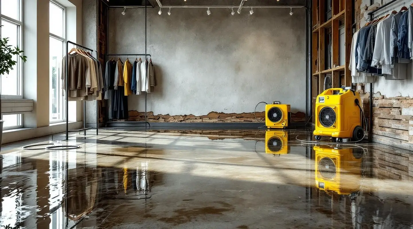Restoration team performing emergency water extraction in a flooded Irvine retail space to prevent structural damage and inventory loss during Retail Store Flood Recovery.