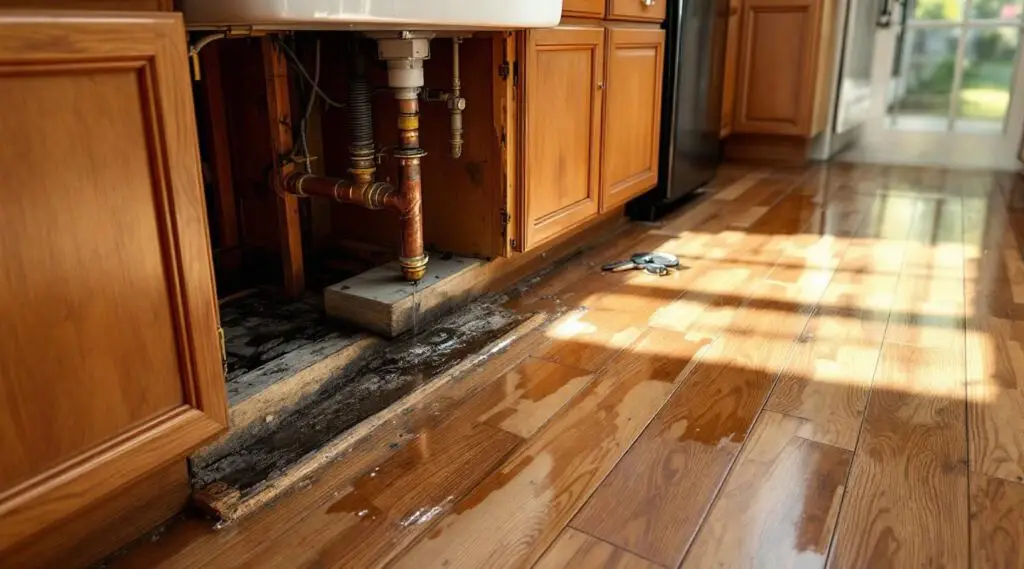 Professional restoration technician using moisture detection tools under a kitchen island in a modern kitchen in Irvine.