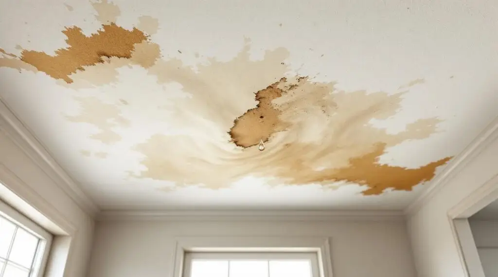 A professional restoration technician using a moisture meter to inspect a water-damaged ceiling in Irvine.