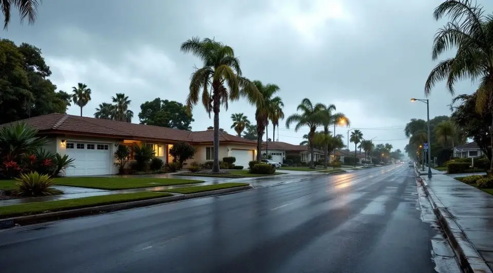 A professional restoration technician standing near a service van on a residential street in Garden Grove with palm trees.