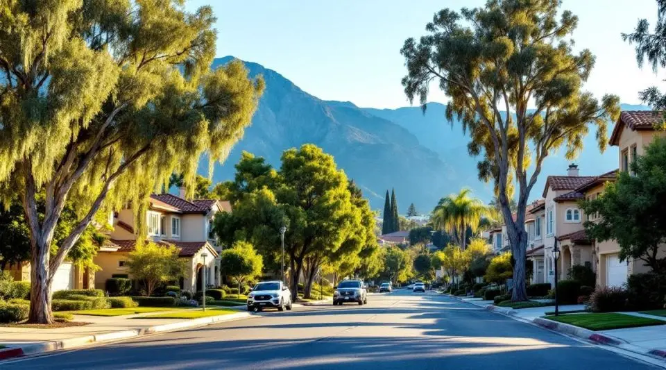 A professional restoration technician standing near a service van parked on a residential street lined with eucalyptus trees in Lake Forest.