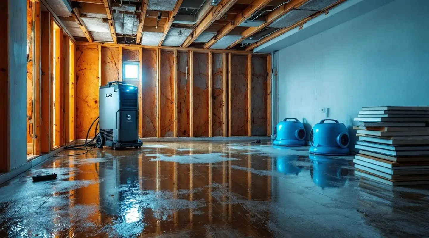 Certified technicians using professional drying equipment in an Irvine residential home after a flood.
