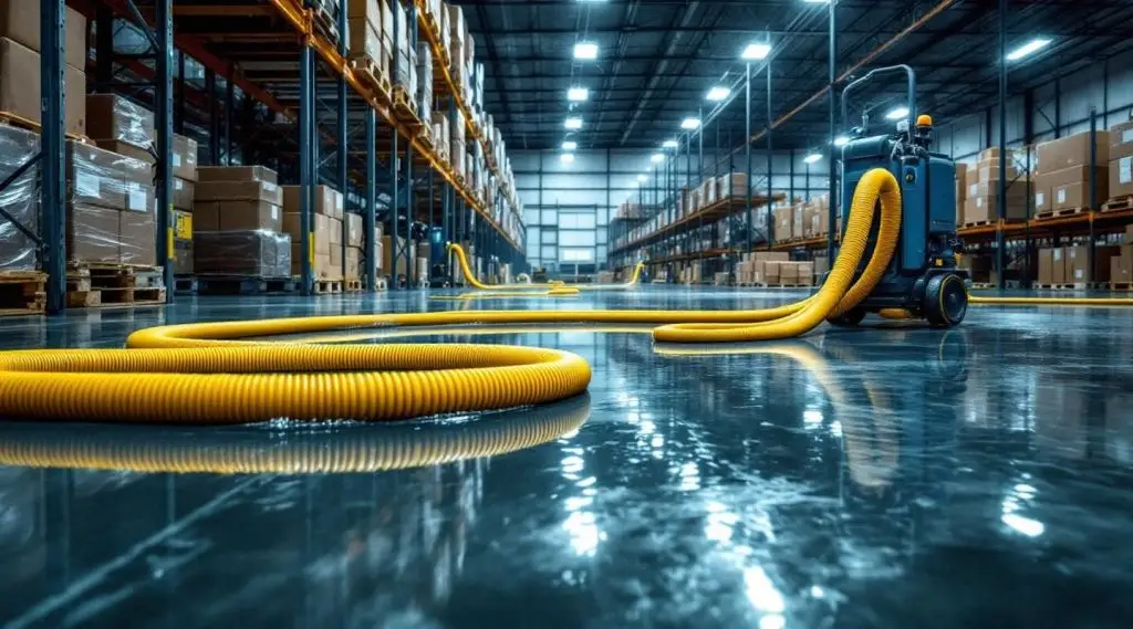 Certified technicians using industrial-grade truck-mounted extraction equipment inside a large Irvine warehouse facility.