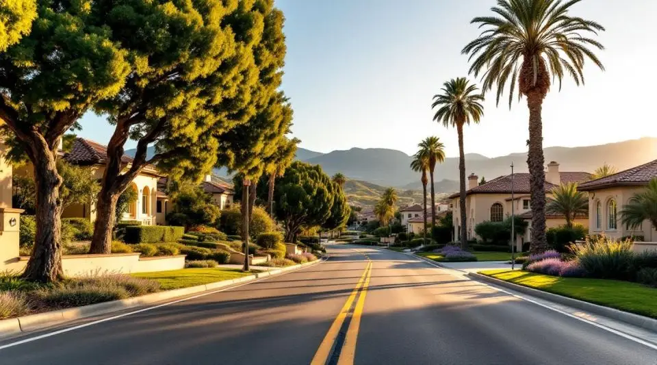 A clean residential street in Laguna Hills near Fossil Reef Park with well-maintained landscaping and modern homes.