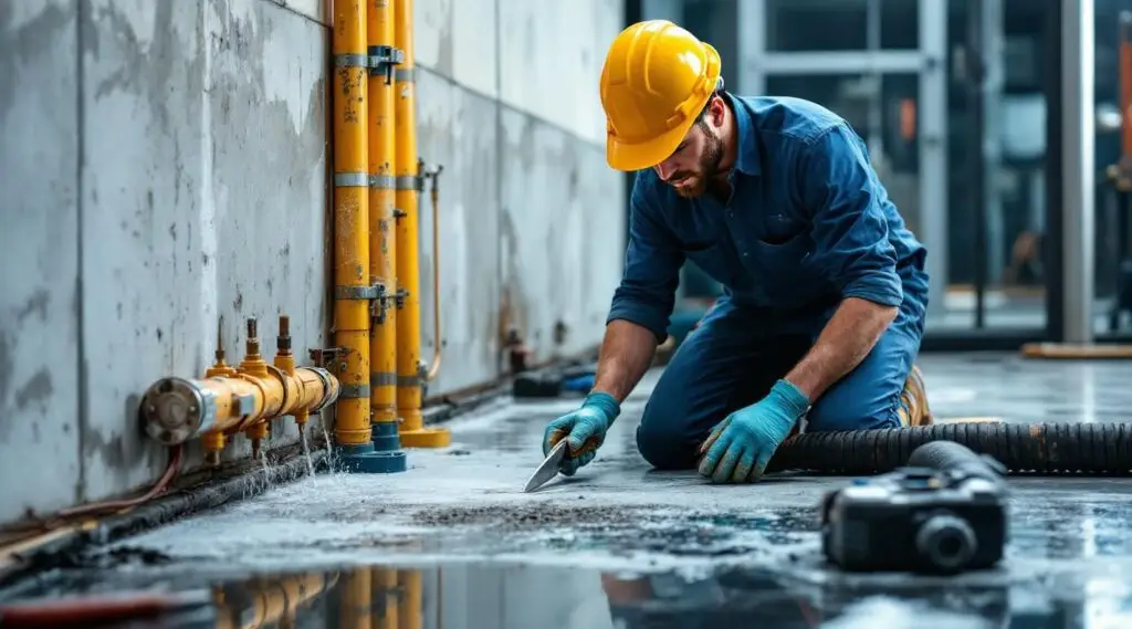 Certified restoration professionals performing industrial water extraction in a high-end Irvine hotel corridor.