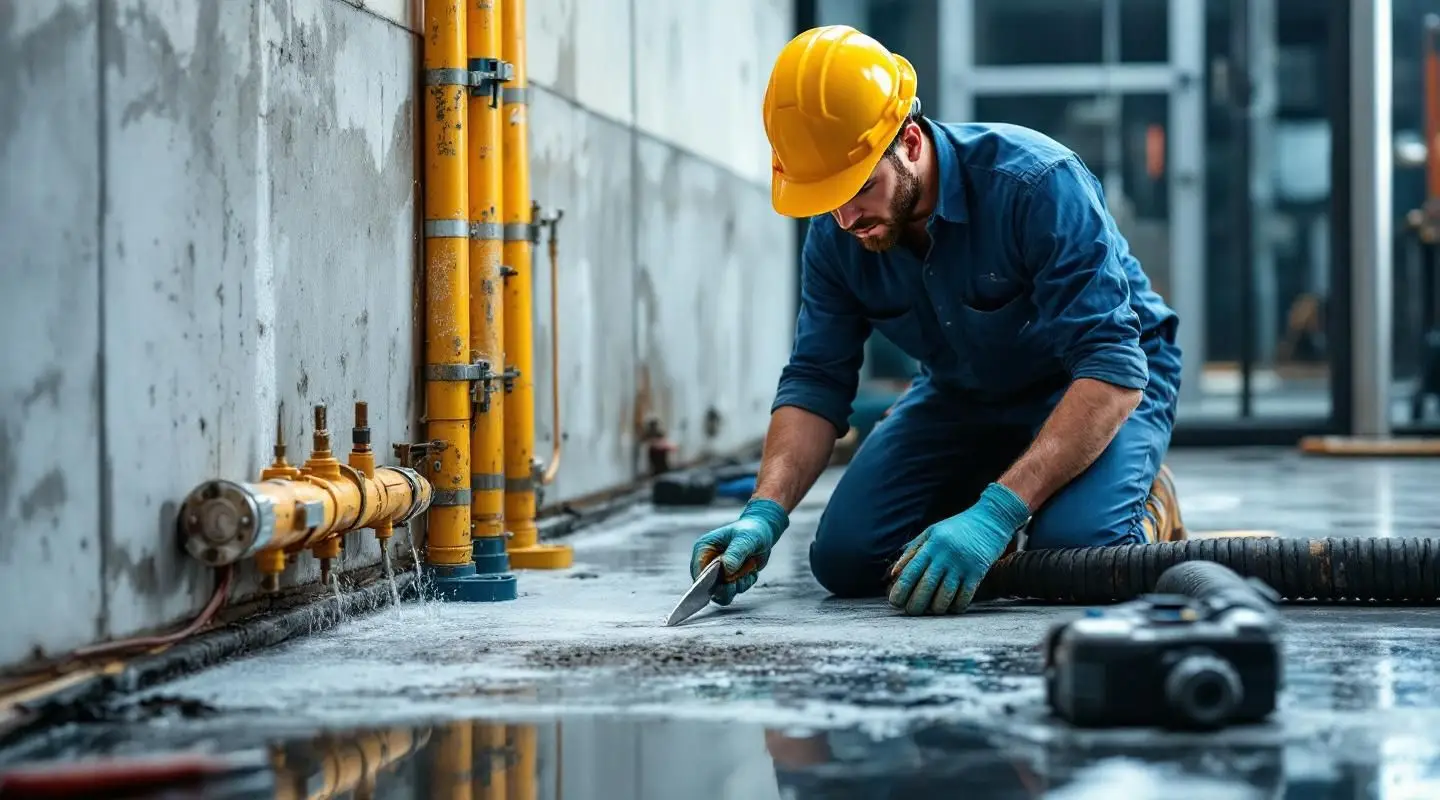 Certified restoration professionals performing industrial water extraction in a high-end Irvine hotel corridor.