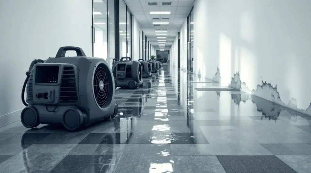 Commercial restoration technicians using industrial drying equipment in a flooded Irvine office building.