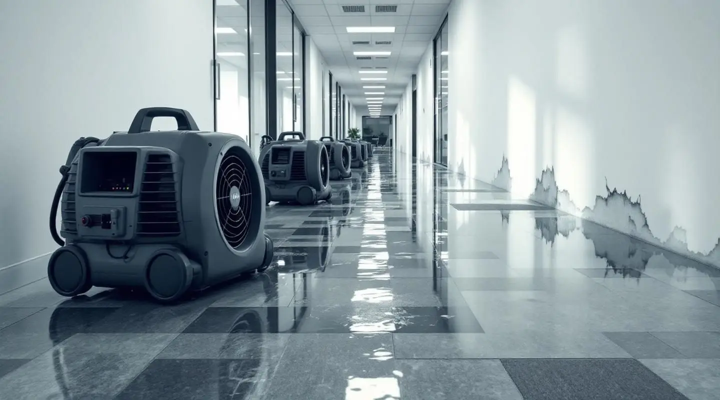Commercial restoration technicians using industrial drying equipment in a flooded Irvine office building.