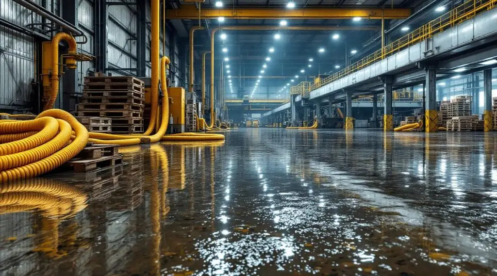 Commercial water restoration team performing industrial flood cleanup and structural drying in an Irvine facility to ensure rapid business recovery and safety.