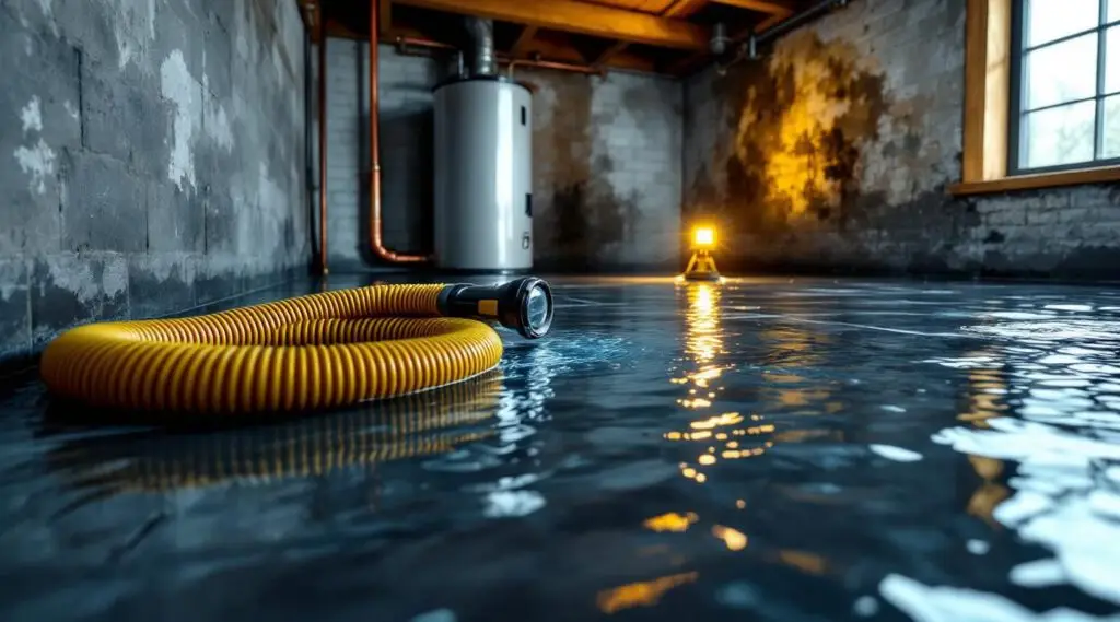 A professional restoration technician using high-grade extraction equipment to remove water from an Irvine home's flooded living room.