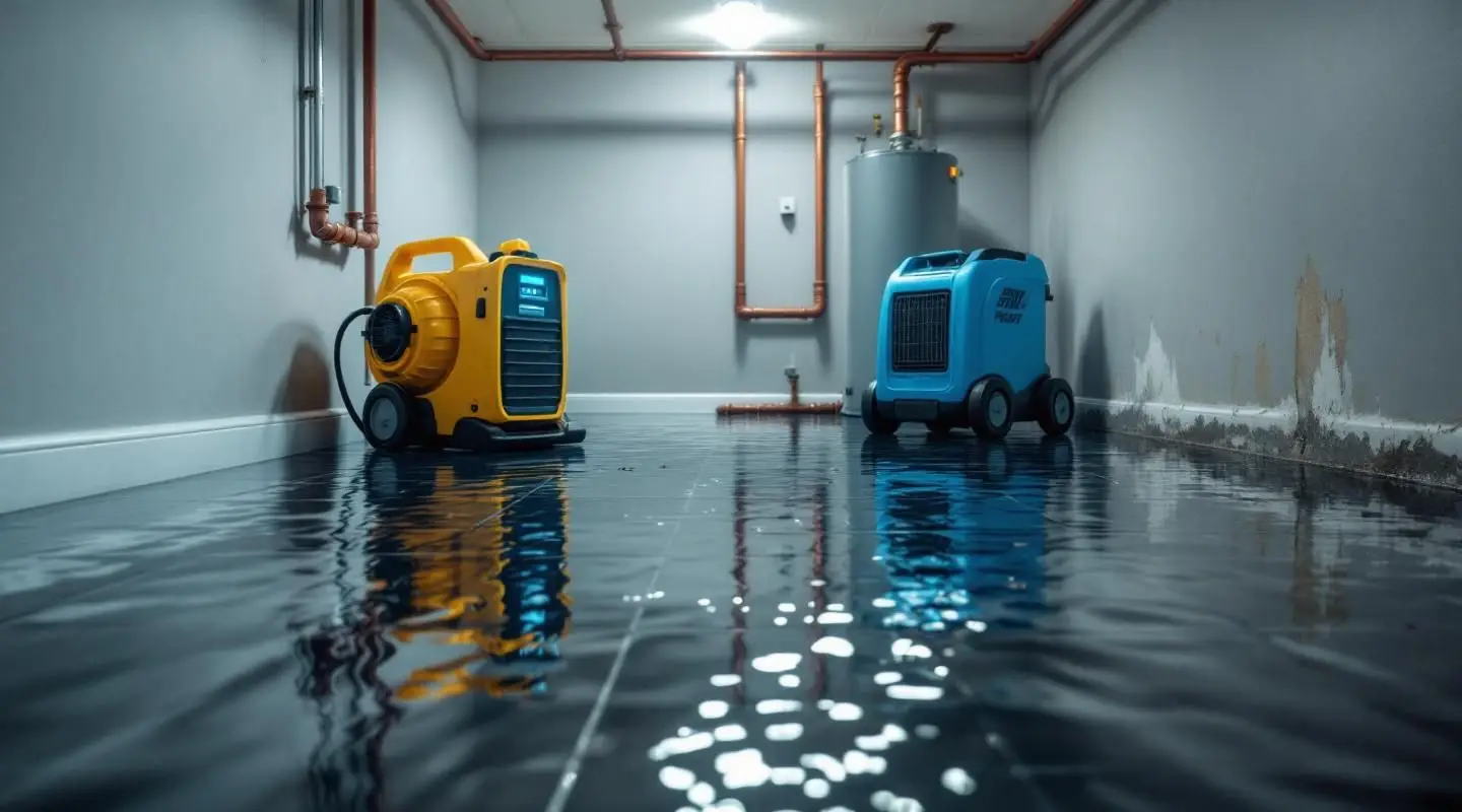 Photorealistic view of a certified restoration expert using a moisture meter and water extractor to perform professional Emergency Water Damage Repair in an Irvine residential property.